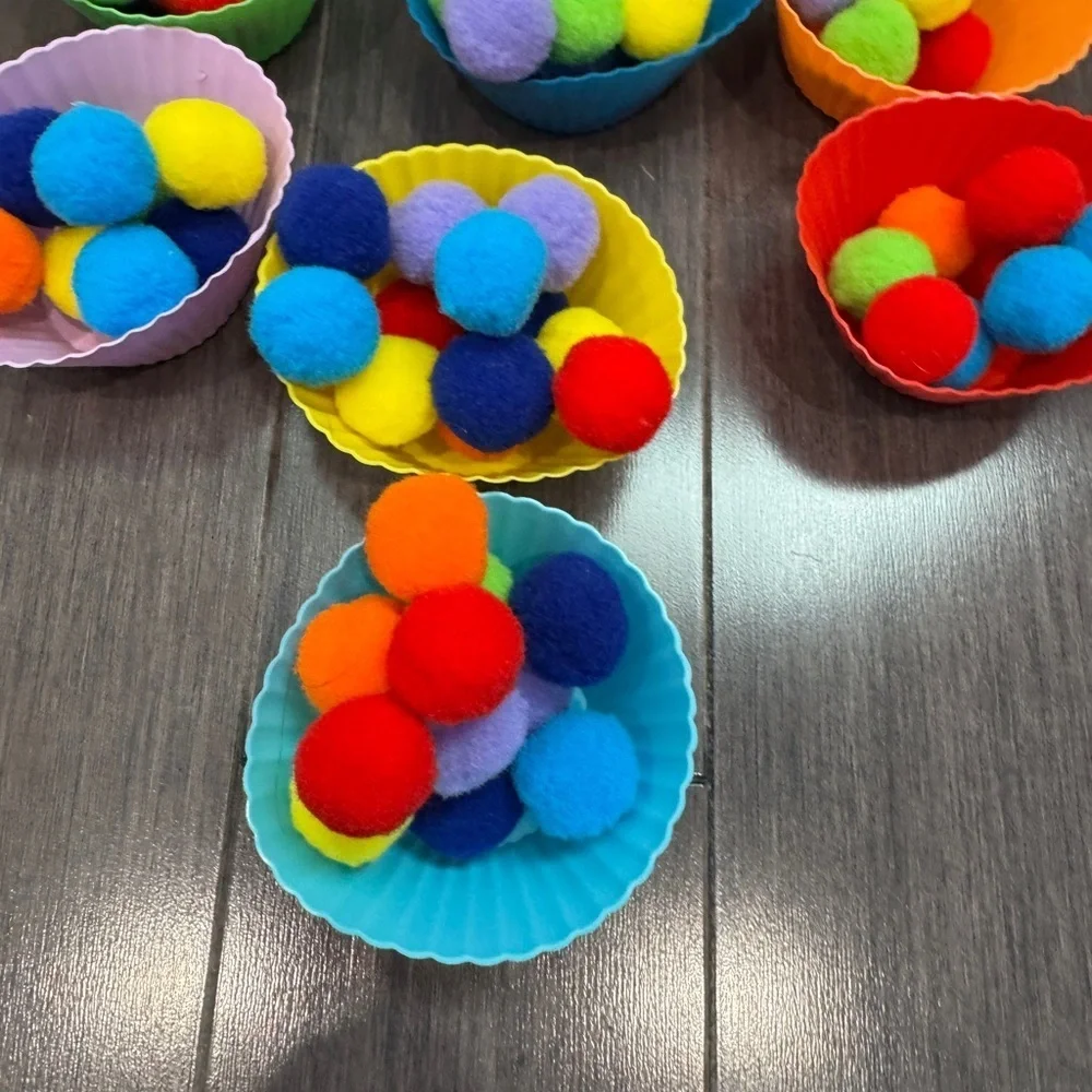 NWOT Colorful Pom Pom Sorting Toy Set with Silicone Cups Toddlers Kids